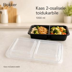 Kirgas korduvkasutatav PP-kaas 1000 ml kaheosalise musta toidukarbi ees