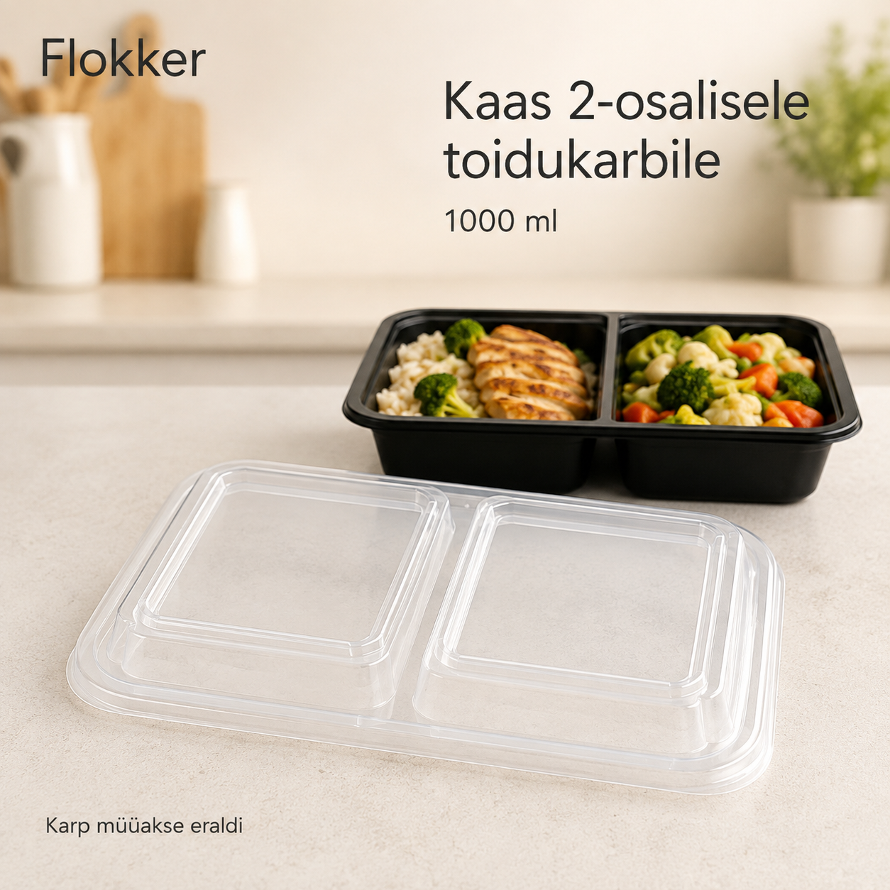 Kirgas korduvkasutatav PP-kaas 1000 ml kaheosalise musta toidukarbi ees