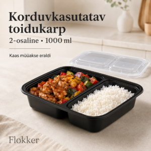 Must korduvkasutatav 2-osaline PP-toidukarp kana, köögiviljade ja riisiga, maht 1000 ml