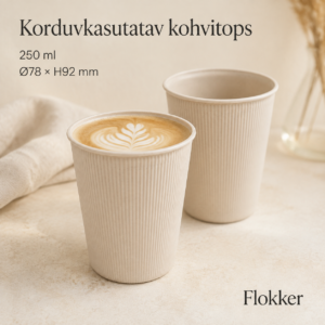 Beež reljeefse pinnaga korduvkasutatav PP-kohvitops cappuccino’ga, maht 250 ml