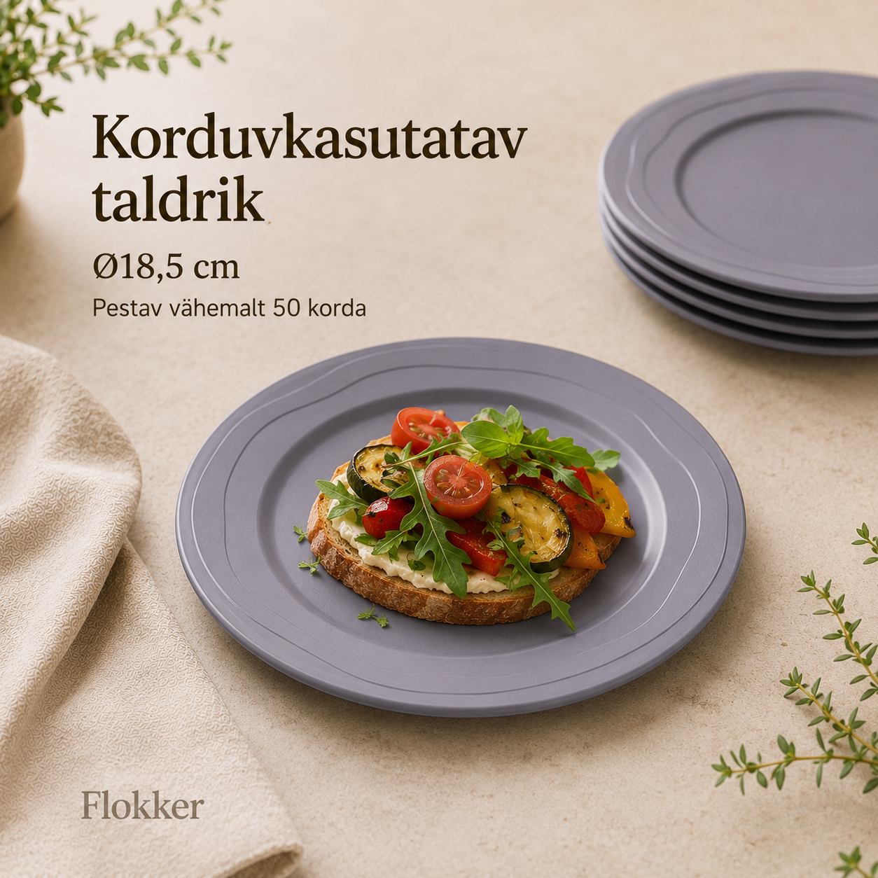 Hall korduvkasutatav PP-taldrik köögiviljavõileivaga, läbimõõt 18,5 cm