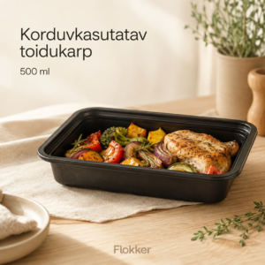 Korduvkasutatav must PP toidukarp 500 ml valmistoiduga