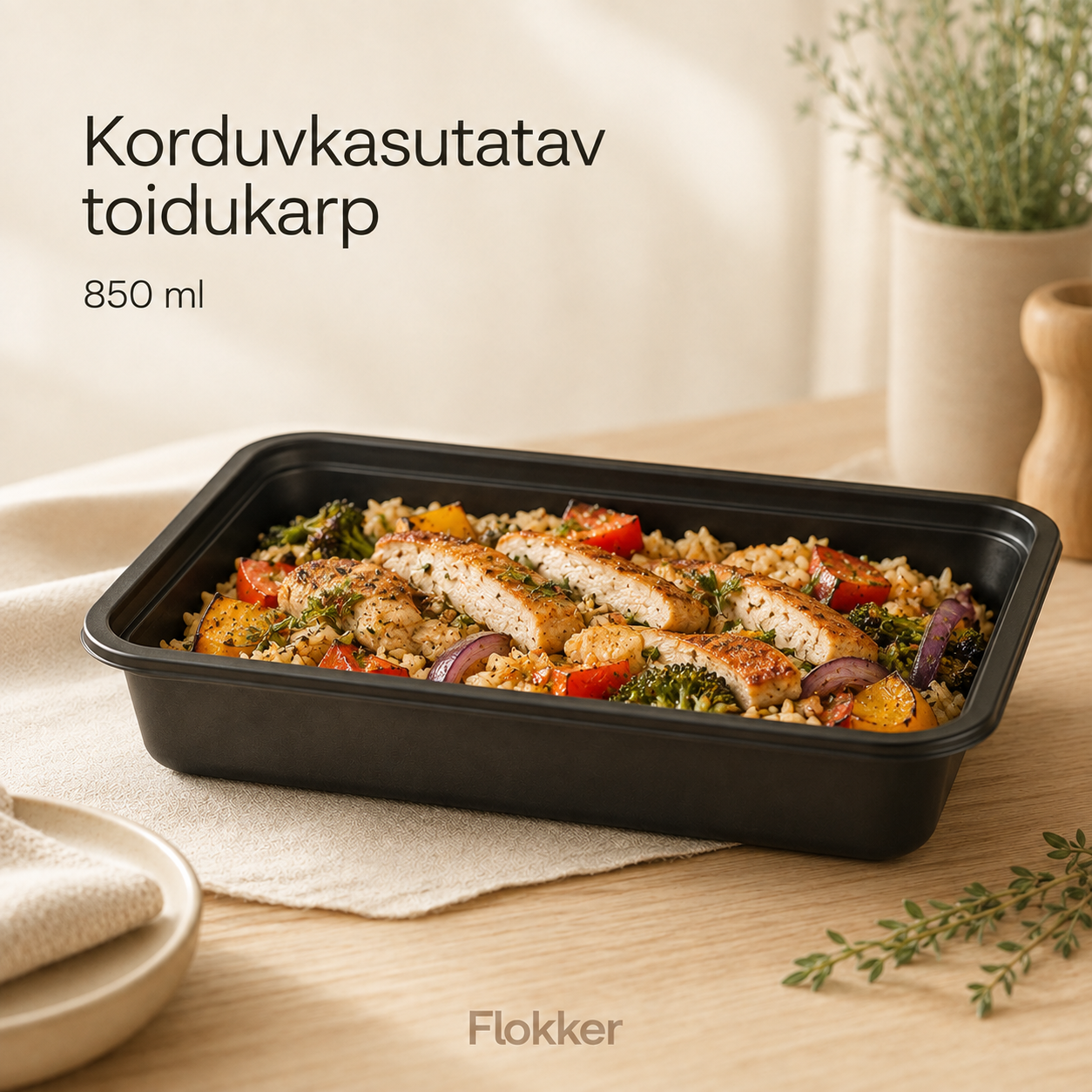 Korduvkasutatav must PP-toidukarp 850 ml kana, riisi ja köögiviljadega