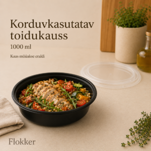 Must madal korduvkasutatav PP-toidukauss einega, maht 1000 ml