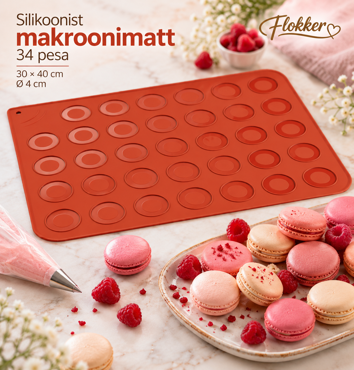 Silikoonist makroonimatt 30 × 40 cm 34 Ø40 mm makrooni valmistamiseks