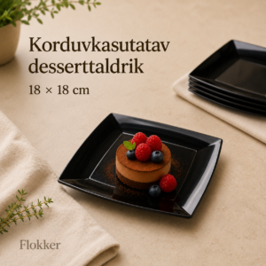 Must kandiline korduvkasutatav PP-desserttaldrik šokolaadidesserdi ja marjadega, mõõt 18 × 18 cm
