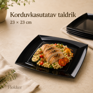 Must kandiline korduvkasutatav PP-taldrik einega, mõõt 23 × 23 cm