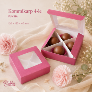 Fuksiaroosa nelja lahtriga kommikarp läbipaistva aknaga 120 × 120 × 40 mm