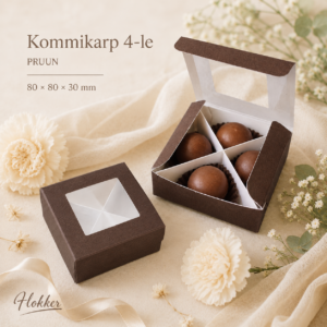 Pruun nelja lahtriga kommikarp läbipaistva aknaga 80 × 80 × 30 mm