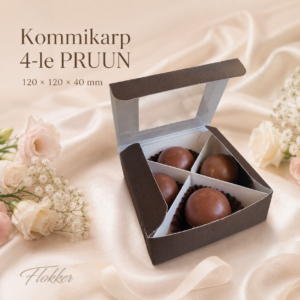 Pruun nelja lahtriga kommikarp läbipaistva aknaga 120 × 120 × 40 mm