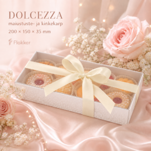 Valge DOLCEZZA maiustuste- ja kinkekarp läbipaistva kaanega 200 × 150 × 35 mm
