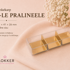 Läbipaistev kinkekarp kolmele pralineele kuldse sisuga 135 × 41 × 26 mm