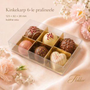 Läbipaistev kinkekarp kuuele pralineele kuldse sisuga 123 × 82 × 26 mm Tootesildid
