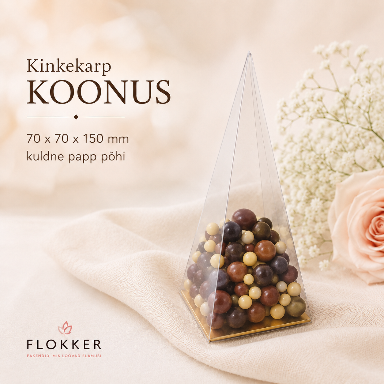 Väike läbipaistev koonusekujuline kinkekarp kuldse põhjaga 70 × 70 × 150 mm