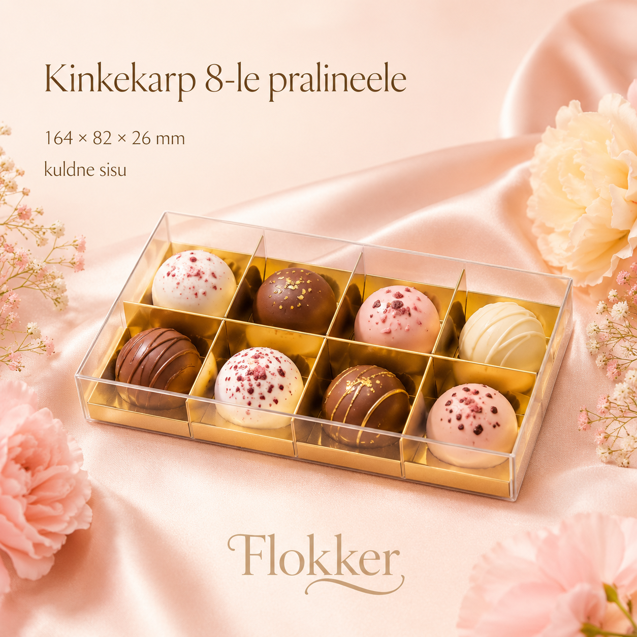 Läbipaistev kinkekarp kaheksale pralineele kuldse sisuga 164 × 82 × 26 mm