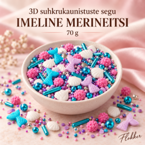 Türkiissiniste ja roosade merineitsisabade, merekarpide, pärlite ning suhkrupulkadega 3D suhkrukaunistuste segu