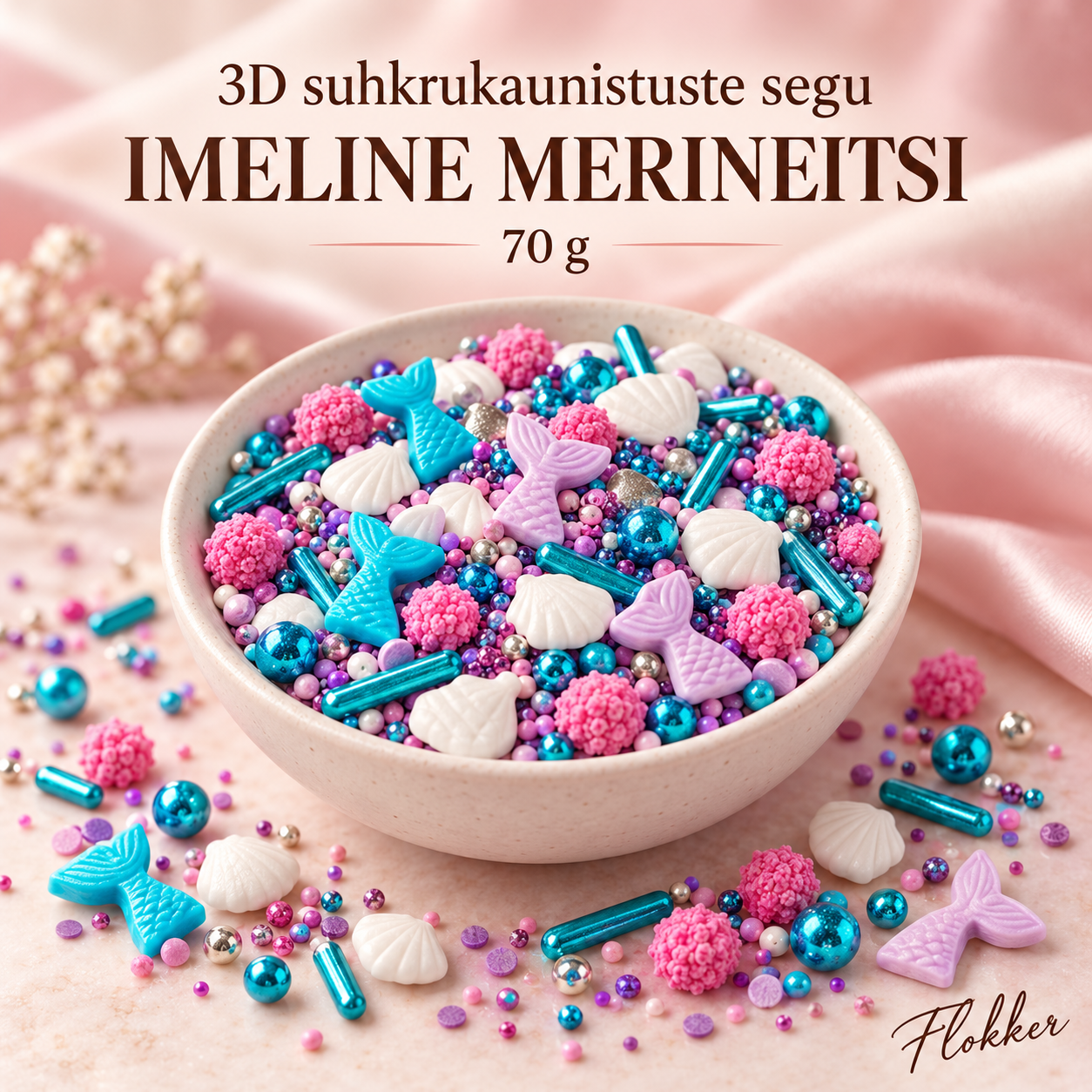 Türkiissiniste ja roosade merineitsisabade, merekarpide, pärlite ning suhkrupulkadega 3D suhkrukaunistuste segu