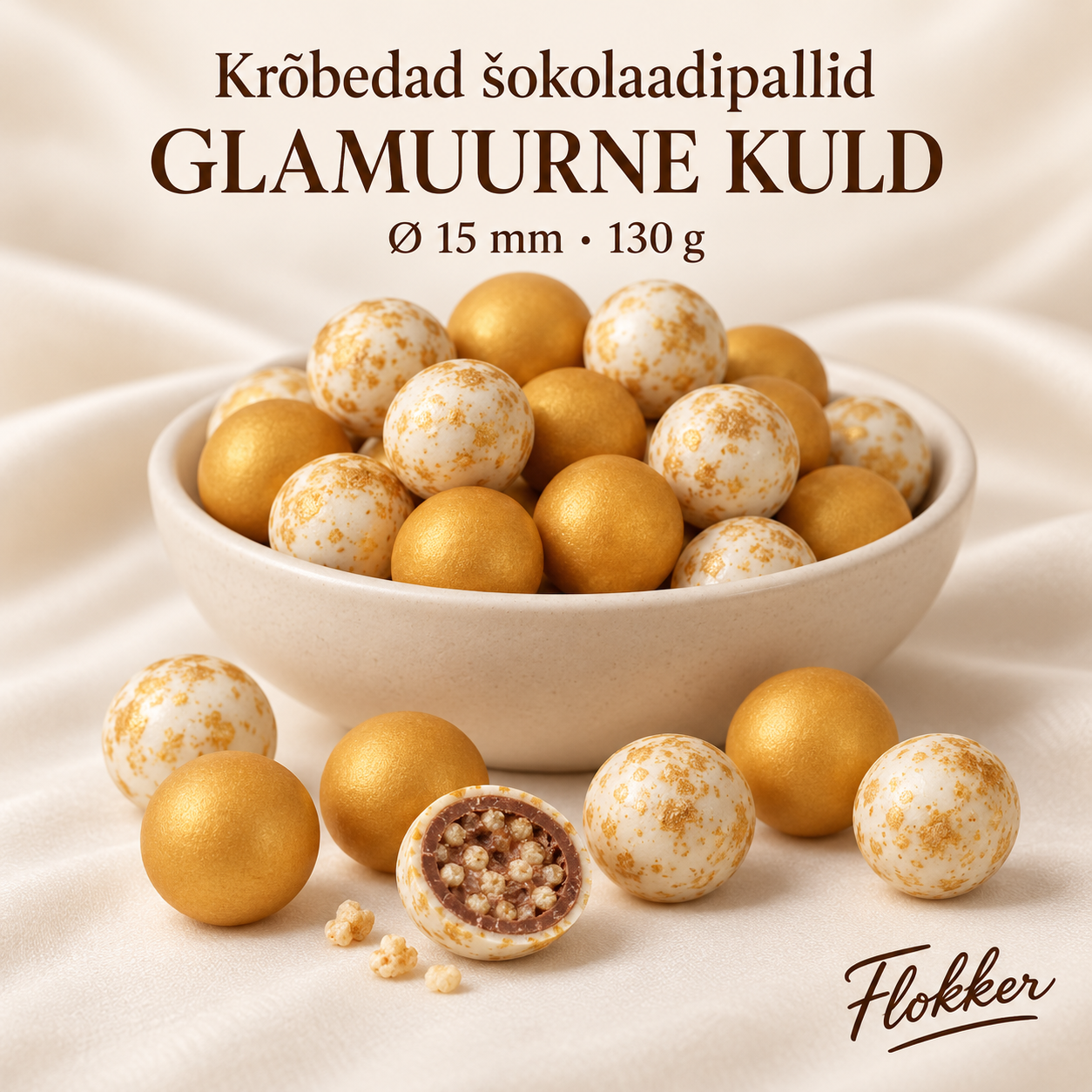 Mattkuldsed ja kuldsete pritsmetega valged krõbedad šokolaadipallid läbimõõduga 15 mm tortide ning dessertide kaunistamiseks