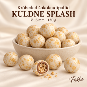 Mattvalged kuldsete pritsmetega krõbedad šokolaadipallid läbimõõduga 15 mm tortide ja dessertide kaunistamiseks