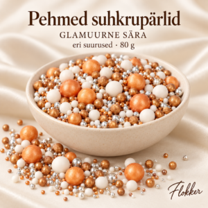 Eri suuruses valged, vasksetes, pronksjates ja hõbedastes toonides pehmed suhkrupärlid tortide ning dessertide kaunistamiseks