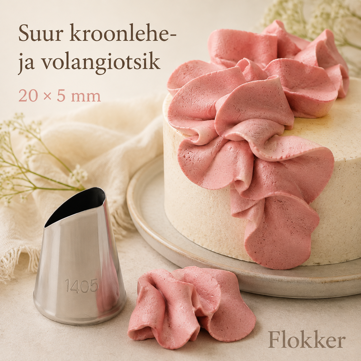 Suur kroonlehe- ja volangiotsik BX1405 ning sellega tehtud laiad roosad kreemikroonlehed