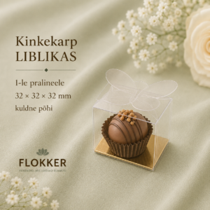 Läbipaistev LIBLIKAS-kinkekarp ühele pralineele kuldse põhjaga 32 × 32 × 32 mm