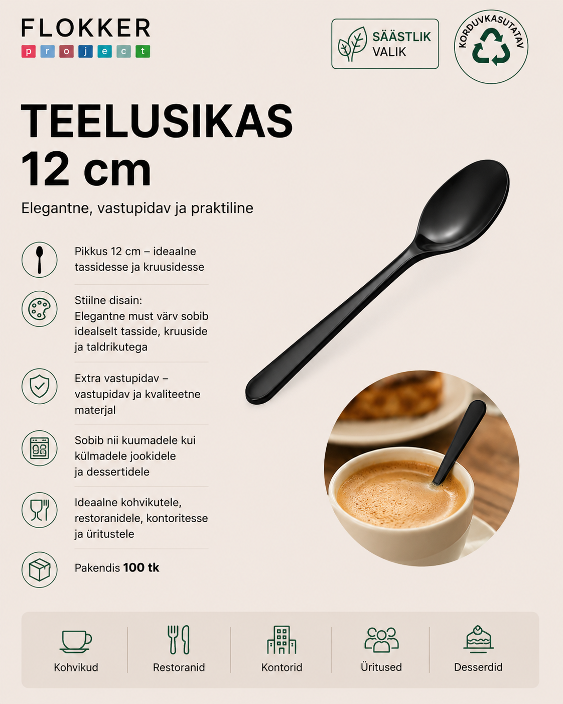 Teelusikas korduvkasutatav must 12cm PS /50