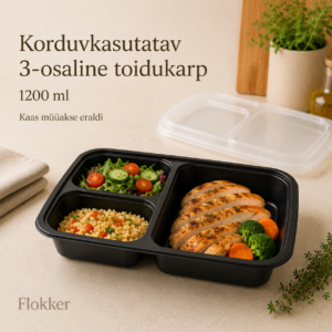Must korduvkasutatav 3-osaline PP-toidukarp einega, maht 1200 ml