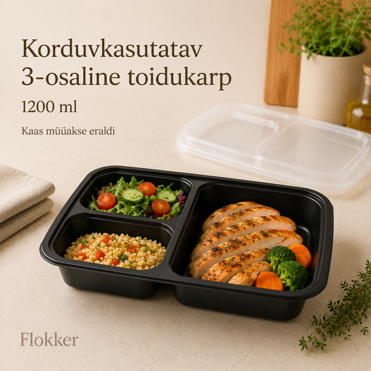 Must korduvkasutatav 3-osaline PP-toidukarp einega, maht 1200 ml