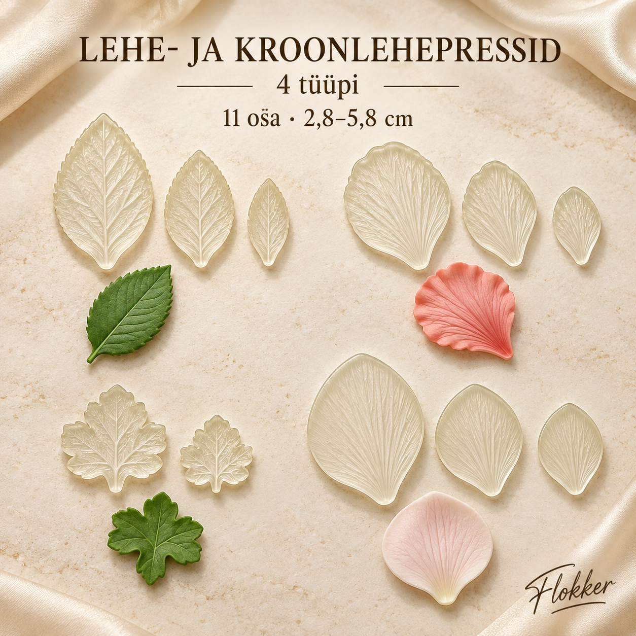 Jäigast läbipaistvast plastist lehe- ja kroonlehe tekstuurpressid ehk veinerid, 11 osa