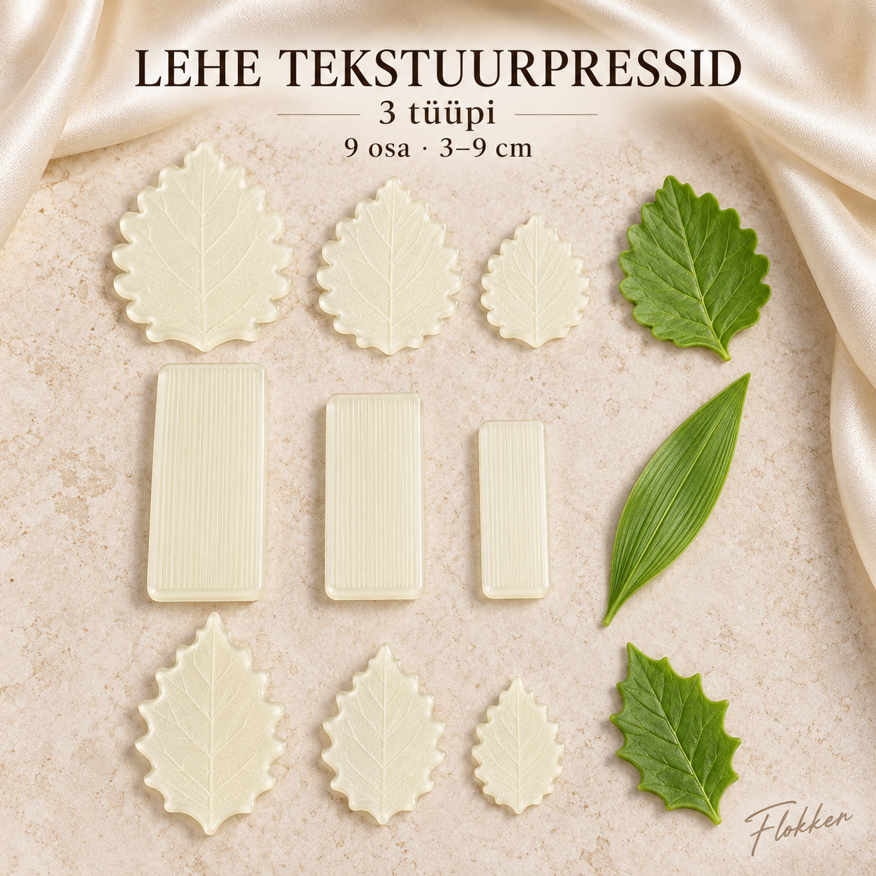 Jäigast läbipaistvast plastist lehe tekstuurpressid ehk veinerid, kolme tüüpi ja üheksa osa