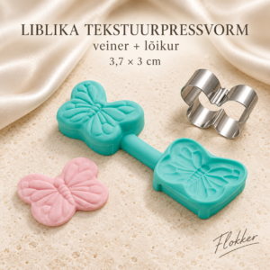 Liblika kahepoolne silikoonist tekstuurpressvorm ehk veiner ja metallist lõikur, 3,7 × 3 cm