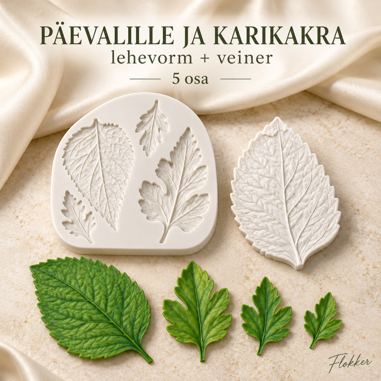 Päevalille ja karikakra silikoonist lehevormid ning suure lehe tekstuurpressvorm ehk veiner, 5 osa
