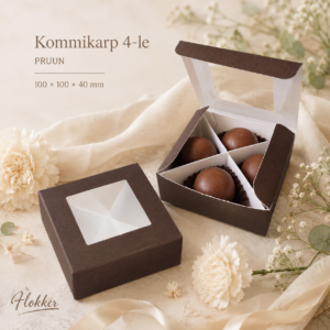 Pruun nelja lahtriga kommikarp läbipaistva aknaga 100 × 100 × 40 mm