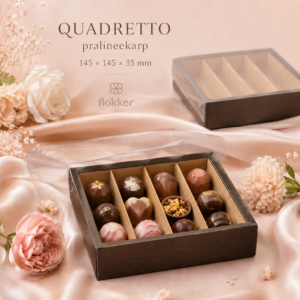 Pruun QUADRETTO pralineekarp läbipaistva kaane ja jaoturiga 145 × 145 × 35 mm
