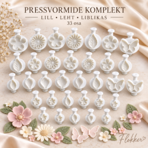 33-osaline lillede, lehtede ja liblikate pressvormide komplekt suhkrumassile