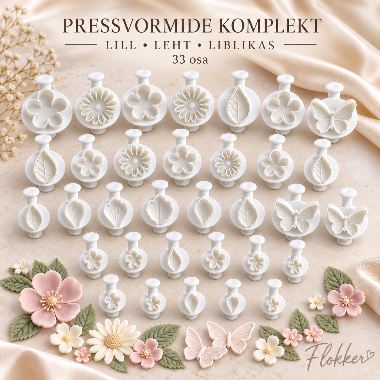 33-osaline lillede, lehtede ja liblikate pressvormide komplekt suhkrumassile