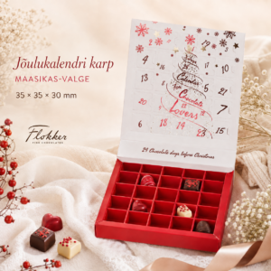 Maasikapunane ja valge 25 lahtriga advendikalendri karp 220 × 220 × 33 mm