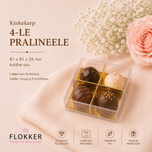 Läbipaistev kinkekarp neljale pralineele kuldse sisuga 81 × 81 × 26 mm