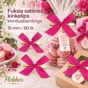 Fuksia satiinist kinkelips kinnitusklambriga 15 mm kinkepakendi ja tsellofaankoti kaunistamiseks
