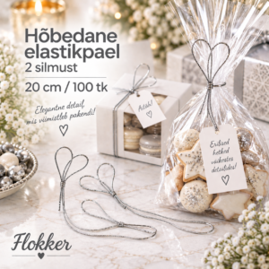 Hõbedane elastikpael kahe silmusega 20 cm kinkepakendi ja tsellofaankoti kaunistamiseks