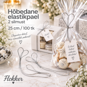 Hõbedane elastikpael kahe silmusega 25 cm kinkepakendi ja tsellofaankoti kaunistamiseks