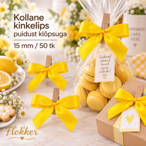 Kollane kinkelips puidust klõpsuga 15 mm tsellofaankoti sulgemiseks ja kaunistamiseks