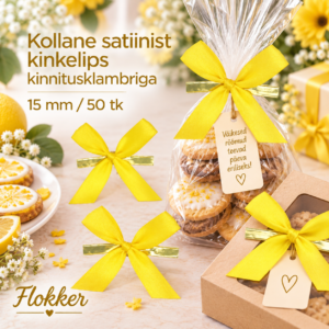 Kollane satiinist kinkelips kinnitusklambriga 15 mm kinkepakendi ja tsellofaankoti kaunistamiseks