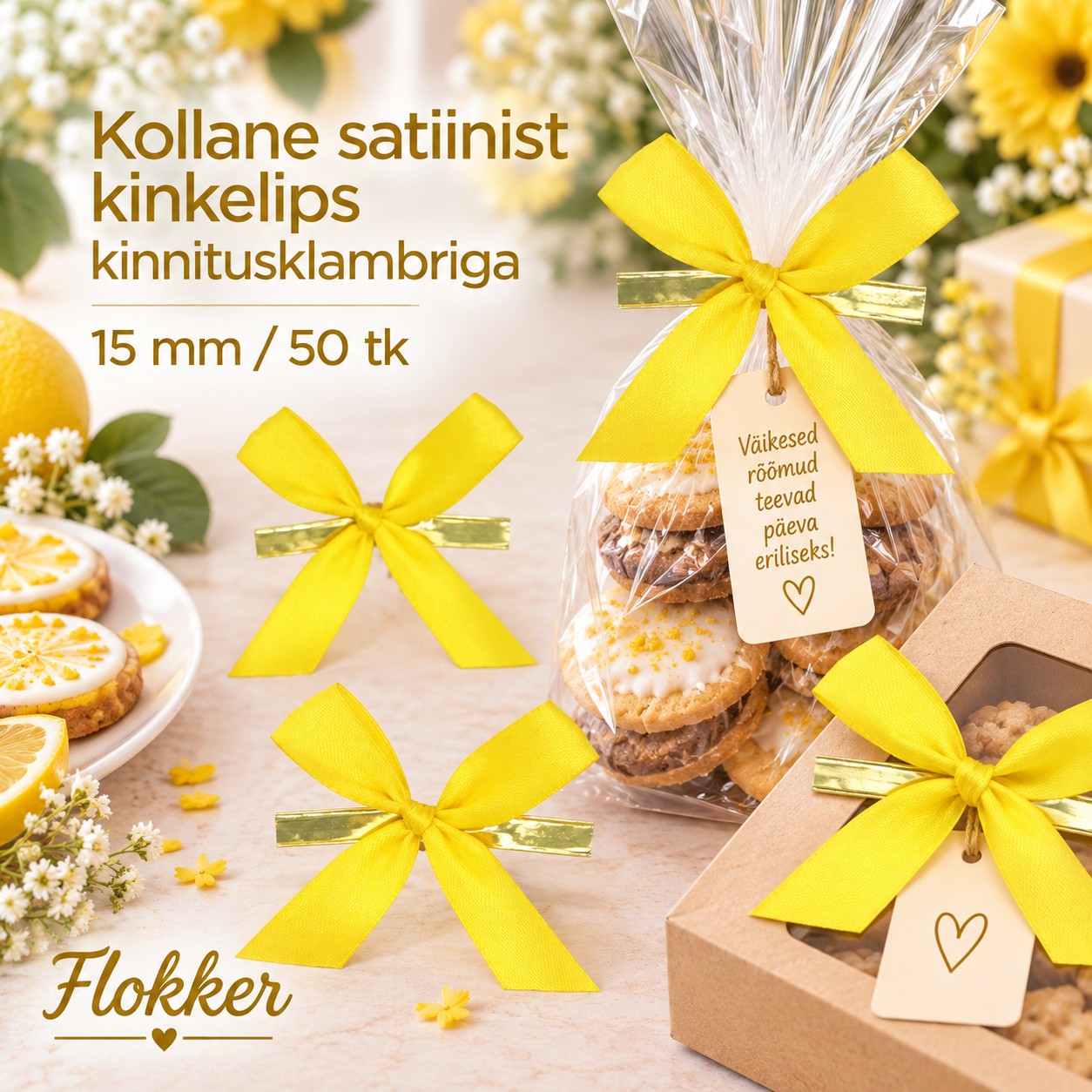 Kollane satiinist kinkelips kinnitusklambriga 15 mm kinkepakendi ja tsellofaankoti kaunistamiseks
