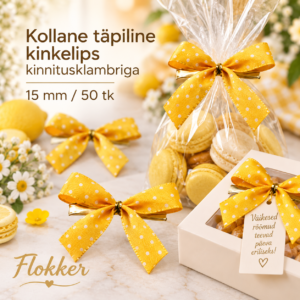 Kollane täpiline kinkelips kinnitusklambriga 15 mm kinkepakendile