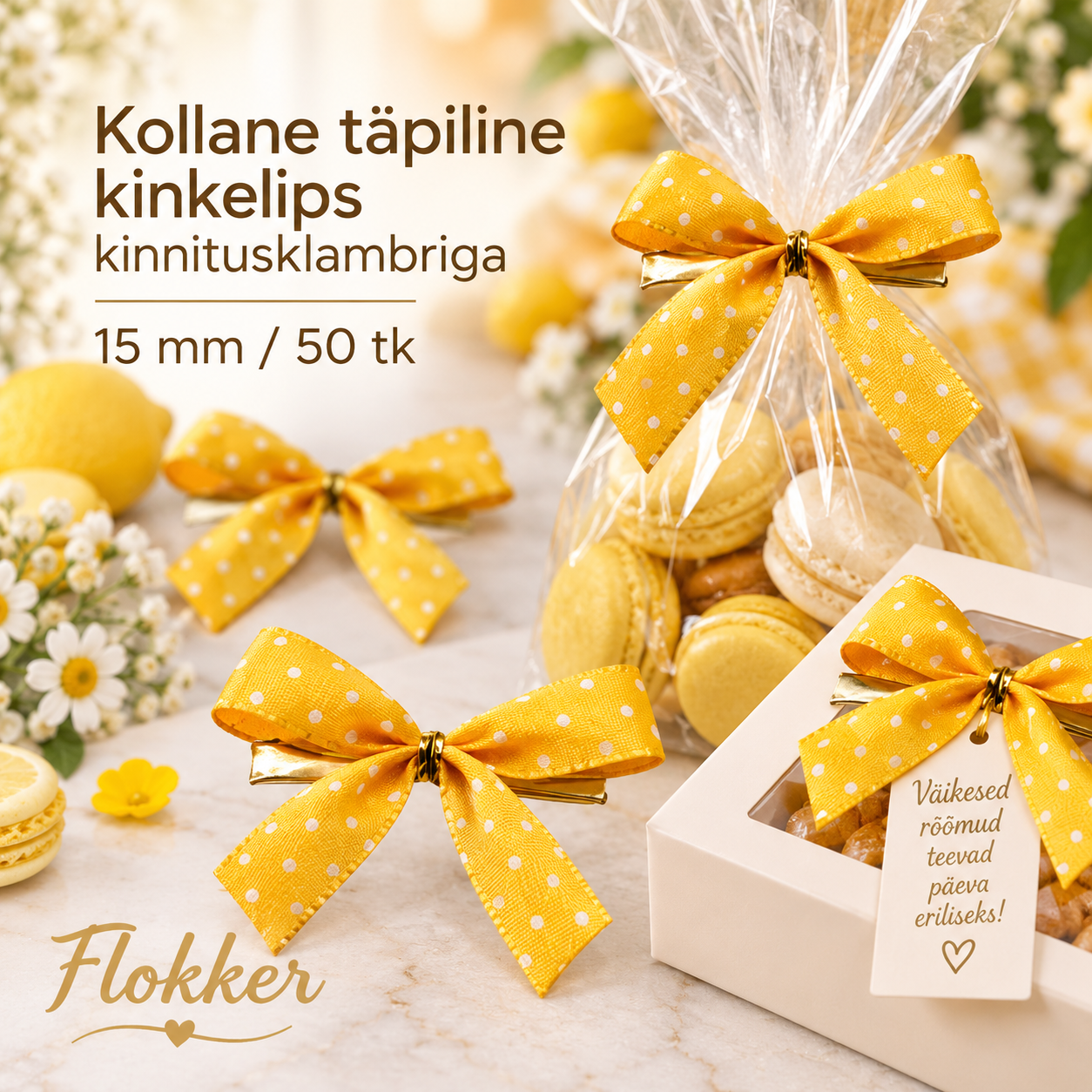 Kollane täpiline kinkelips kinnitusklambriga 15 mm kinkepakendile