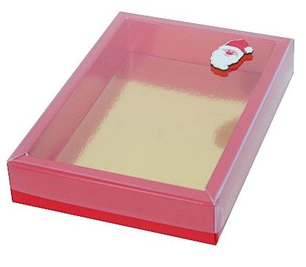 Punane-kuldne kommikarp läbipaistva kaane ja jõuluvana kleepsuga