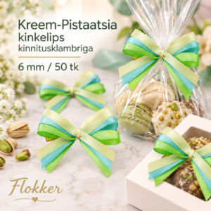 Kreem-pistaatsia kinkelips kinnitusklambriga 6 mm kinkepakendi kaunistamiseks