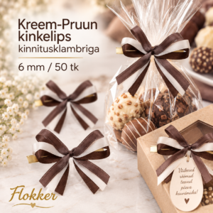 Kreem-pruun kinkelips kinnitusklambriga 6 mm kinkepakendi ja tsellofaankoti kaunistamiseks